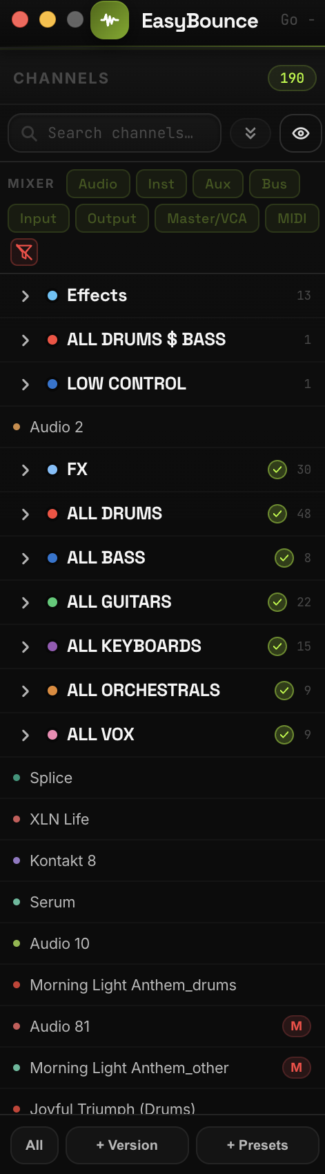 EasyBounce channels panel