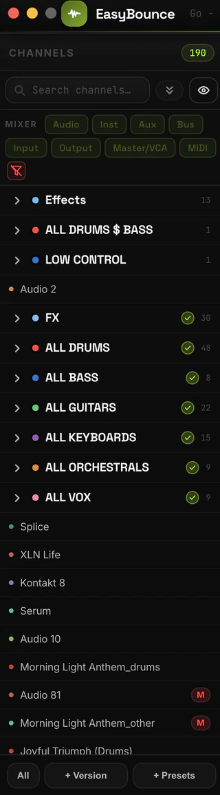 EasyBounce channels panel