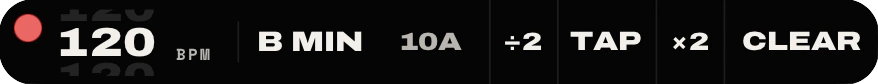 EasyBPM in compact mode: a single bar showing 120 BPM, B minor, 10A and the halve, tap, double and clear buttons