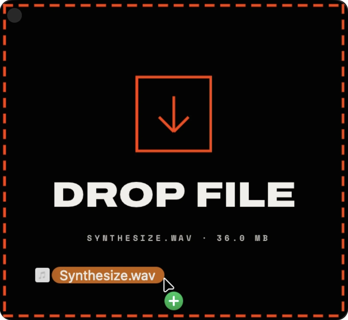 An audio file being dragged onto the EasyBPM window, which answers with a dashed drop target and the file name and size