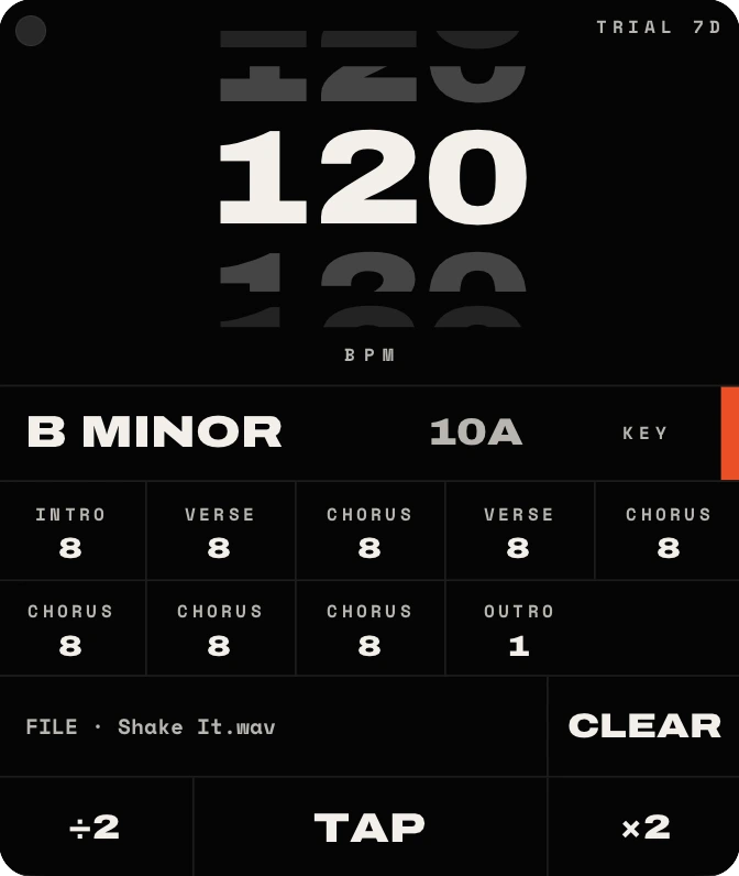 EasyBPM showing 120 BPM, the key B minor with its Camelot code 10A, and the song laid out as intro, verse, chorus and outro