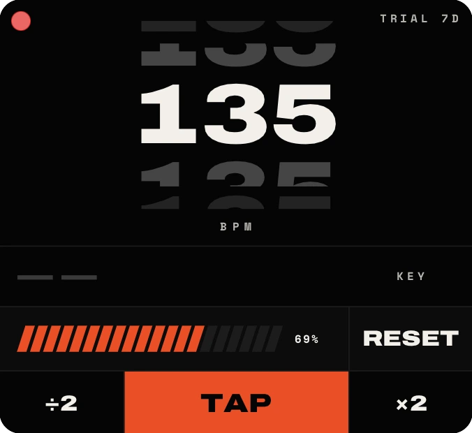 EasyBPM with the TAP button lit while a tempo is tapped in