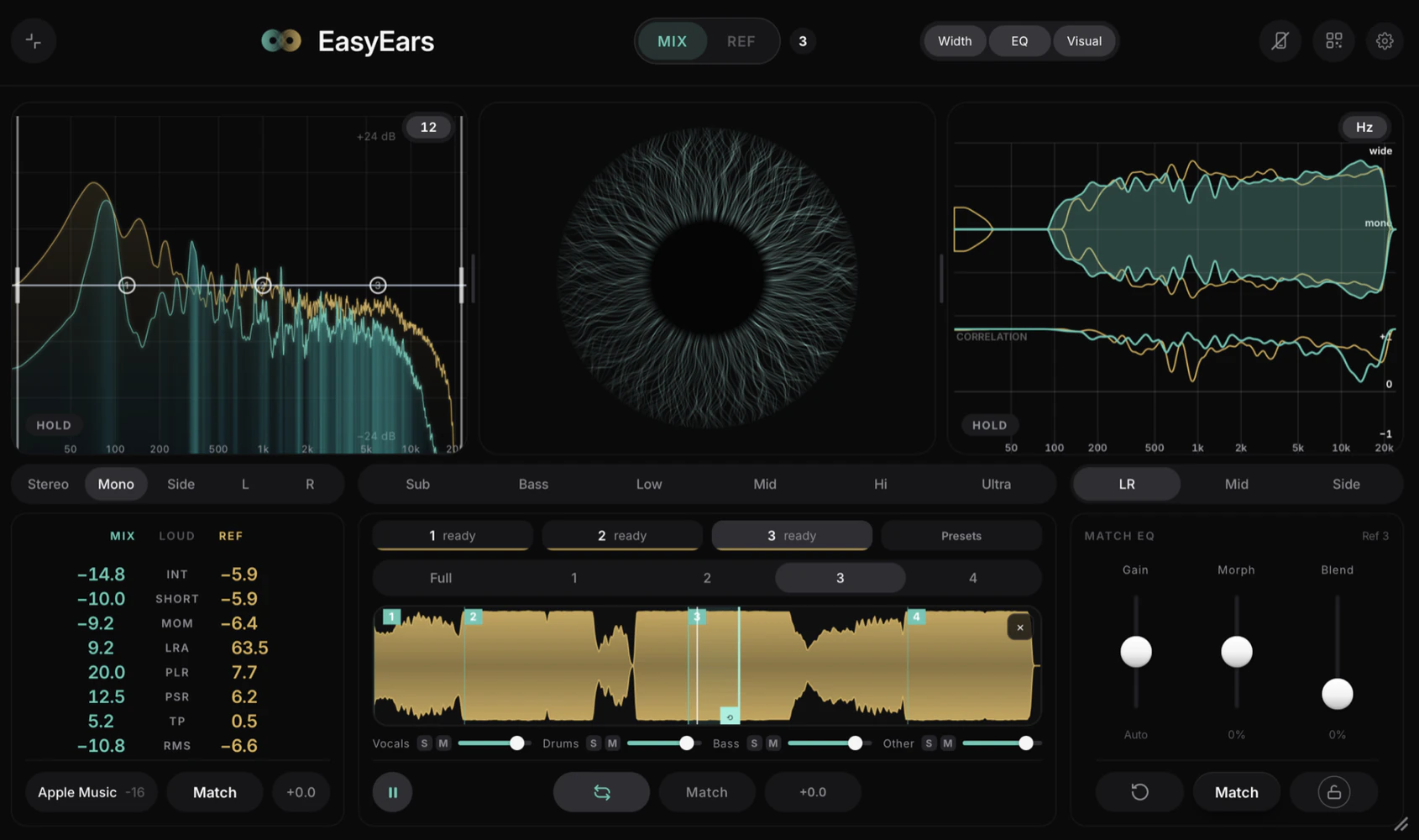 EasyEars wide cockpit: spectrum, visualiser, stereo width, loudness meters, reference player and Match EQ in one window