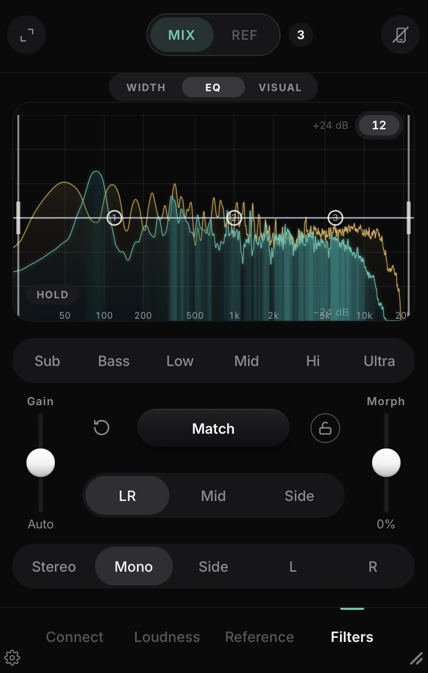 EasyEars Filters tab: Match EQ curve over the mix and reference spectrum, with Gain, Morph and LR/Mid/Side