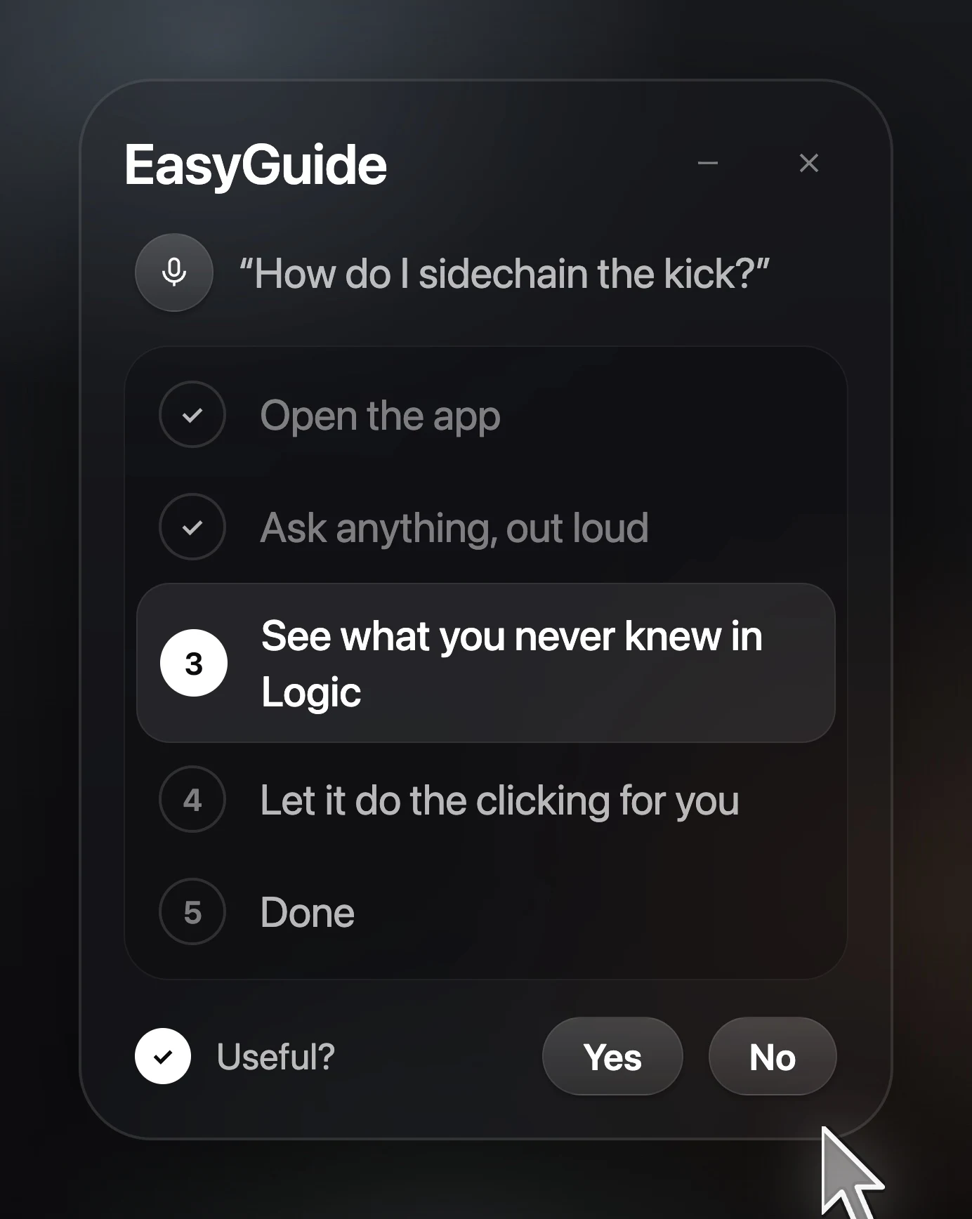The EasyGuide panel: open the app, ask out loud, see what you never knew in Logic, let it do the clicking, done